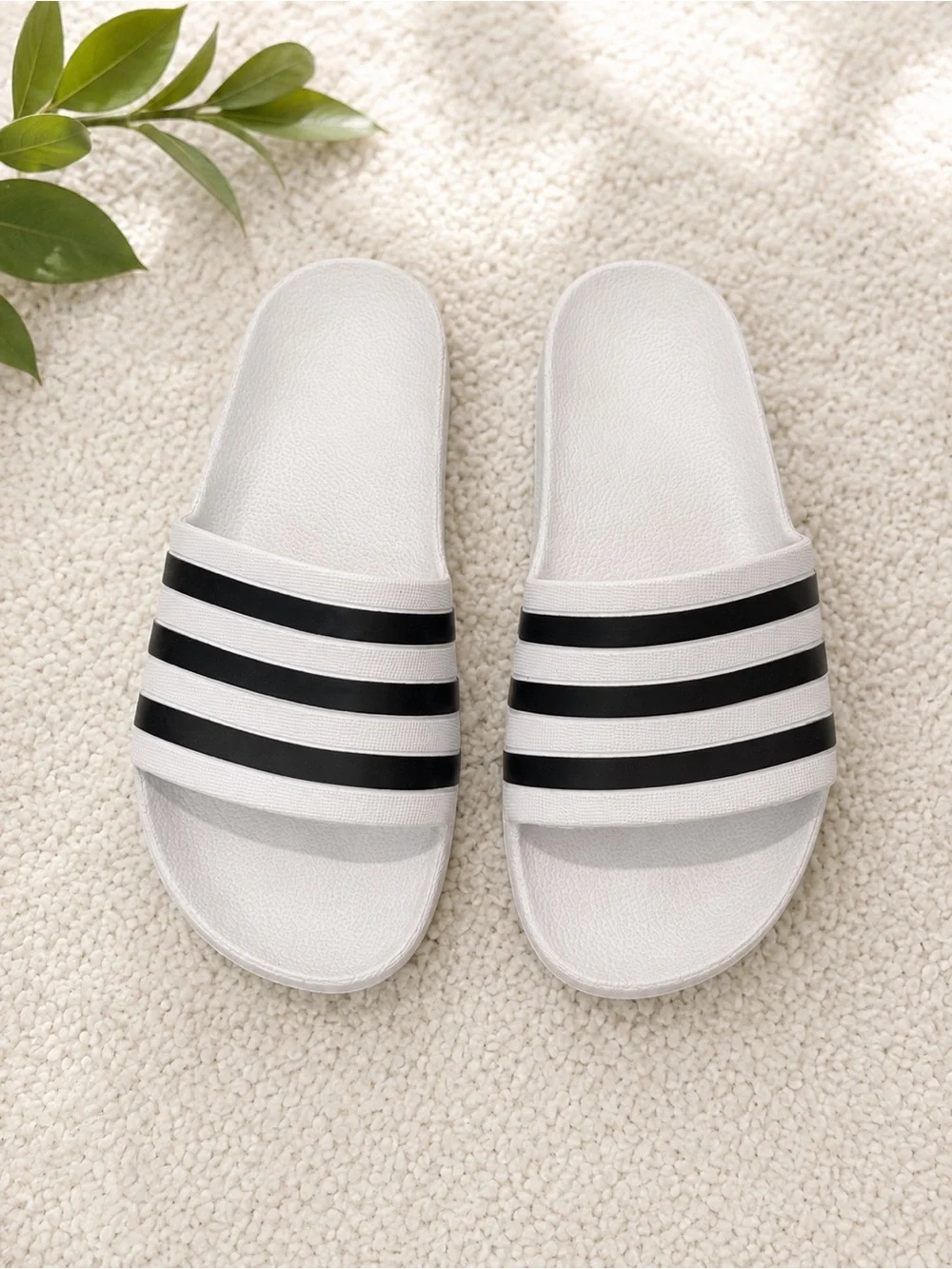 White adidas Slide Sandals with Black Stripes - Women